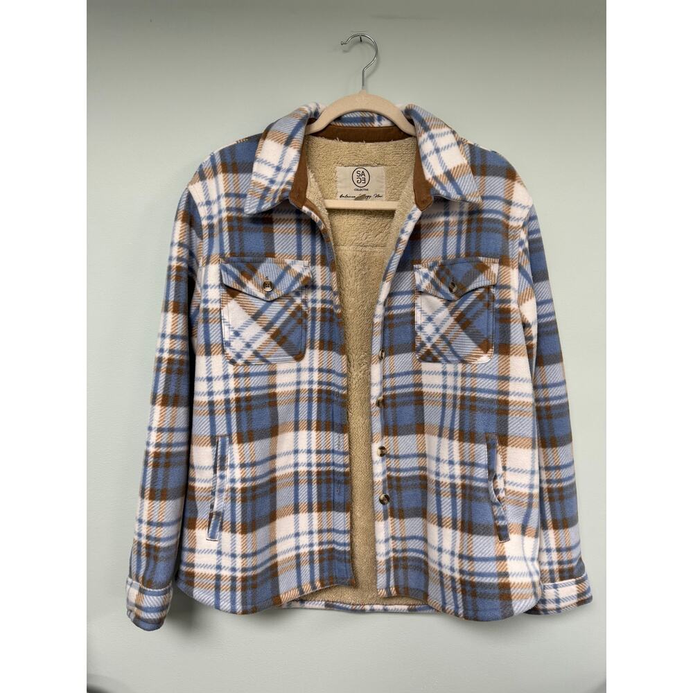 EUC! Women's Sage Collective Button Down Plaid Shacket - Blue, Brown & White
